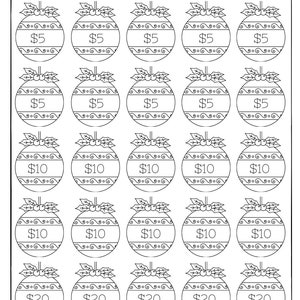 May include: A black and white printable Christmas savings challenge chart with 25 ornament shapes. Each ornament has a dollar amount inside: &pound;5, &pound;10, and &pound;20. The total savings goal is &pound;350.