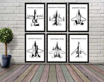 USAF 6 x Jets A-10C Thunderbolt, F-16D Falke, F-22A Raptor, F-35A Lightning, F-15D Adler, B-1B Lancer Digitaler Download, svg, eps, dxf, png.