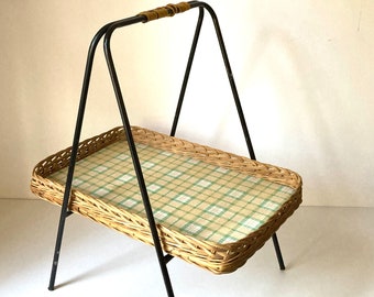 Vintage Wooden Table / Plant Stand / Coffee Table / Side Table / Picnic - Made of Rattan / Braid - 1960s
