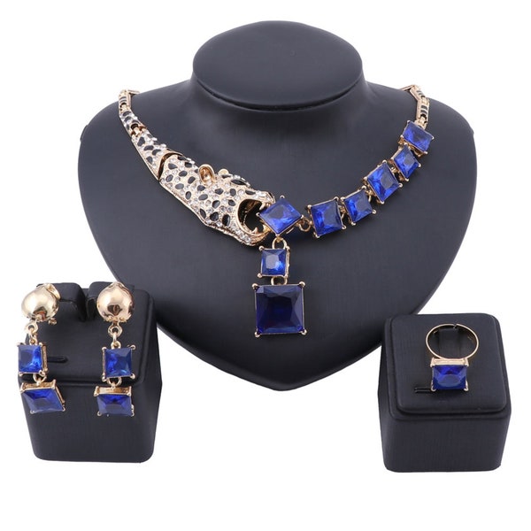 Luxury Gold Plated Blue Crystal Leopard Statement Necklace Earring Ring For Women Party Wedding Jewelry Sets