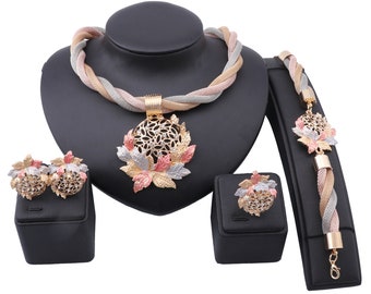 African Dubai Gold color Leaves Crystal Jewelry sets For women Bridal party Necklace Earrings Ring Bracelet Jewelry Set