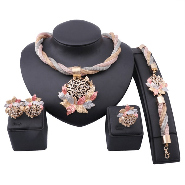 African Dubai Gold color Leaves Crystal Jewelry sets For women Bridal party Necklace Earrings Ring Bracelet Jewelry Set