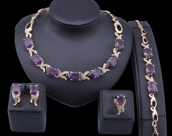 Conjunto de joyería de decoración nupcial para mujer, collar, pulsera, pendiente, anillo de cristal de circón de Color dorado a la moda