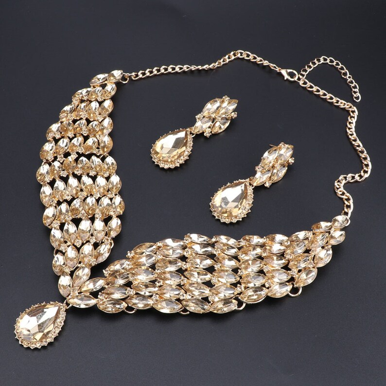 Luxury Bridal Jewelry Sets Wedding Rhinestone Crystal Necklace Earring