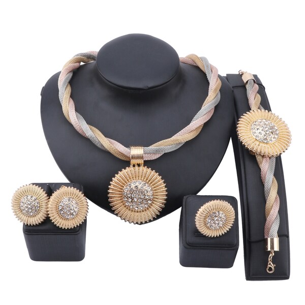 Fashion Nigerian Woman Wedding Crystal Dubai Gold Color Necklace Earring Bracelet Ring Bridal Gift Jewelry Set