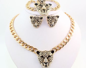 Cool Leopard Head Bracelet Earrings Necklace Ring Set 18k Gold Plated Rhinestone Chunky Curb Chain Costume African Jewelry Sets