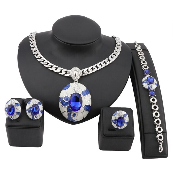 Fashion Gold Plated Blue Enamel Crystal Pendant Necklace Earrings Bracelet Ring Women Wedding Costume Jewelry Set