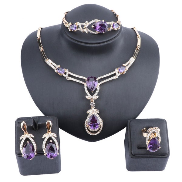 Exquisito collar de cristal de circón púrpura, pulsera, anillo, conjuntos de joyería nupcial para mujer, regalo, fiesta, boda, graduación, cajas de regalo