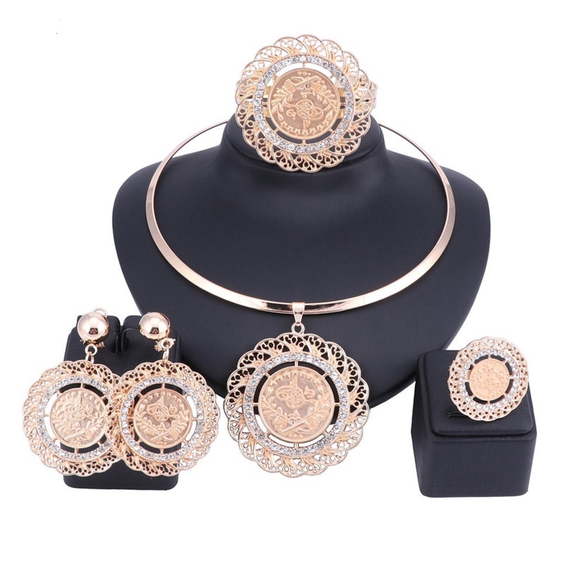 Latest Italian Gold Crystal Jewelry Set Large Necklace Earring Women