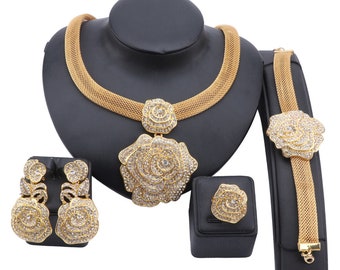 Collier en cristal plaqué or italien oreilles bracelet bague bijoux ensemble bijoux de mariée africaine pour femmes cadeaux de fête de mariage