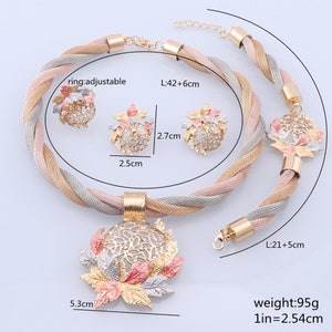 Africain Dubaï Couleur Or Feuilles Cristal Bijoux ensembles Pour femmes Fête nuptiale Collier Boucles doreilles Bague Bracelet Bijoux Set image 3