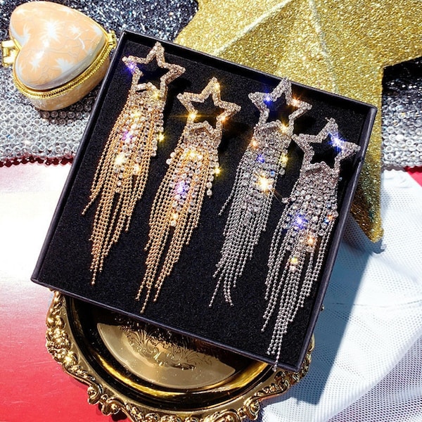 Long Tassel Crystal Earrings for Women Bijoux Luxury Shiny Gold Color Star Rhinestone Dangle Earrings Jewelry Gift