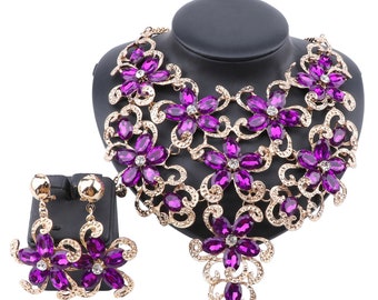 Femmes Accessoires Mariage Mariée Or Couleur Déclaration Crystal Flower Pendentif Collier Boucle d’Oreille Party Bijoux Set