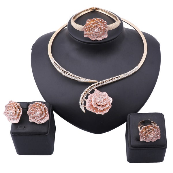 Handmade Dubai Gold Color Crystal Rose Flower Jewelry Fashion Wedding African Costume Necklace Earring Jewelry Sets