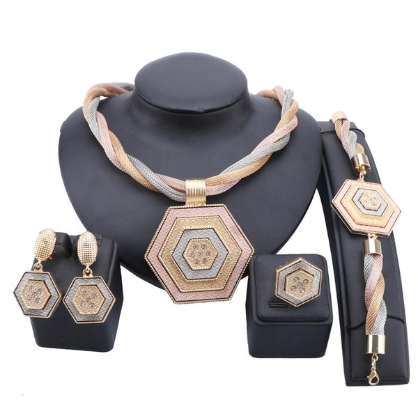 Dubai Gold Plated Crystal Jewelry Sets Women Costume Nigerian Wedding Necklace Earring Bracelet Ring Jewelry Sets