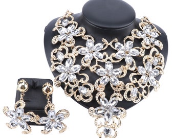 Femmes Accessoires Mariage Mariage Plaqué Or Plaqué Or Fleur Pendentif Collier Boucle d’Oreille Party Bijoux Set