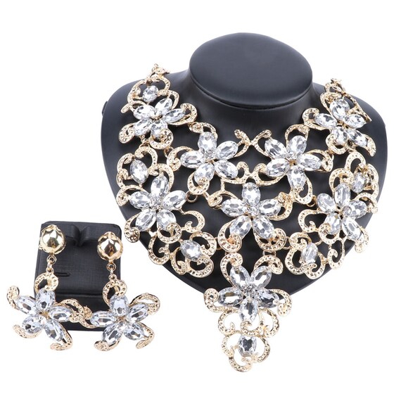 Women Accessories Wedding Bridal Gold Plated Statement Crystal Etsy