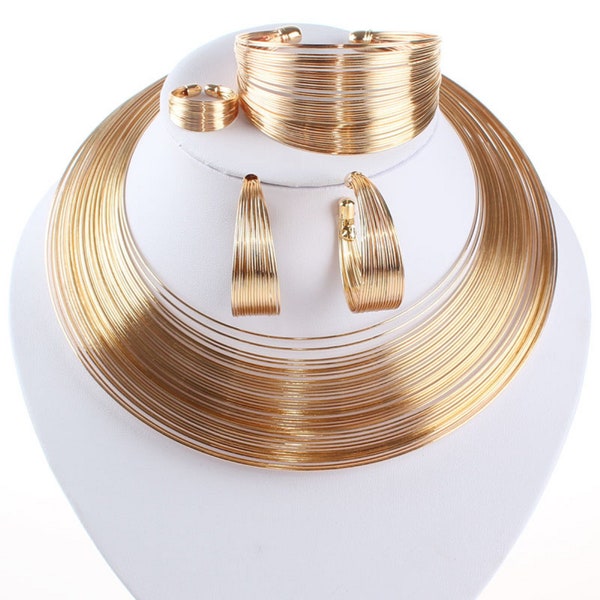 Babero Gargantilla Declaración Collares para Mujer Brazalete Brazalete De Aro Abierto Pendientes Anillo Africano Chunky Bisutería Set