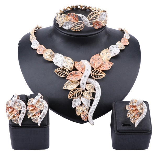 Bijoux en or de dubaï africain collier en cristal nigérian boucles d'oreilles anneau femmes ensembles de bijoux de mariée italiens accessoires de mariage