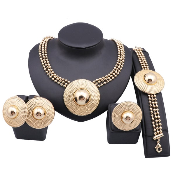 Dubai Gold Color Jewelry Set For Women Vintage Round Necklace Earrings Bracelet Ring Bride Wedding Banquet Accessories