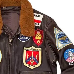 Embroidered Patch Brown Leather Aviator Bomber Jacket | Biker Jacket