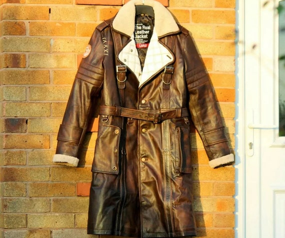 美品【JULIAN】本革 リアルレザーマキシ丈ガウンコート ベルト ブラウン L エルダー・マクソン フォールアウト ユーズド加工 ブラウン 牛革