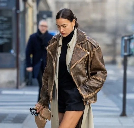 Jaren 80 oversized biker retro bruin echt leren jas dames motorbiker jas XS-3XL