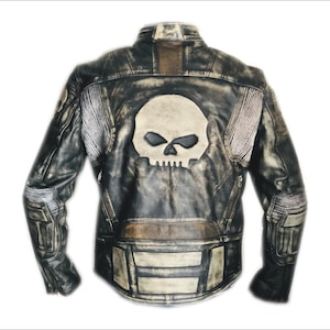 Men&#39;s Real Cow Leather Brown Distressed Skull Biker Motorcycle Jacket