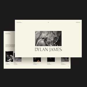 May include: A black and white photograph of a magazine spread featuring the text "DYLAN JAMES" in a serif font. The spread includes a photo of two people and other smaller images.