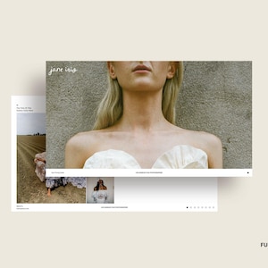 Op de afbeelding: Een schermafbeelding van een website met een vrouw die een witte strapless jurk draagt met een gerimpelde halslijn. De website is voor een fotograaf genaamd Jane Iris. De website bevat ook een foto van een veld en een foto van een jurk op een mannequin.
