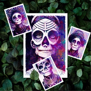 4er Set Außergewöhnlicher Postkarten - mexikanische Totenmasken in regenbogen Optik - Dia De Los Muertos - KI - Kunst - AI Art