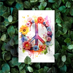 10er Postkartenset Peace Friedenssymbol umrankt von wunderschönen Blumen als Illustration im praktischen DIN Format