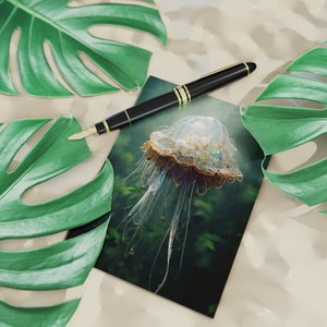 Conjunto de cartões postais com 10 cartões (frente e verso, envelopes padrão) (EUA e CA) "Água-viva flutuando na floresta" - AI Art