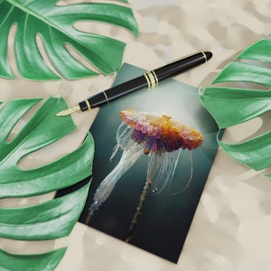 Conjunto de cartões postais com 10 cartões (frente e verso, envelopes padrão) " Medusa flutuando na floresta " EUA e CA estão temporariamente esgotados
