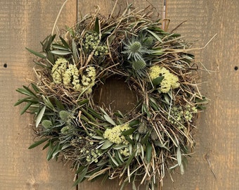 Couronne d'été avec foin et gypsophile | Décoration d'été pour jardin, balcon et terrasse | Couronne de porte cadeau fête des mères