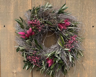 Couronne "Summer Love Pink" avec gypsophile et olive | Décoration d'été pour jardin, balcon et terrasse | Couronne cadeau fête des mères