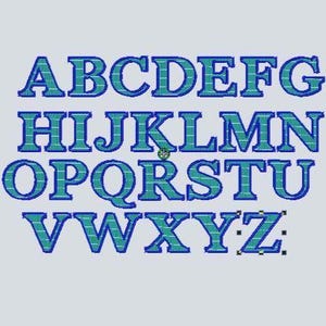 Puede incluir: Un alfabeto completo, de la A a la Z, en mayúsculas. Cada letra es de color verde azulado con un patrón texturizado y contornos azul oscuro, sobre un fondo gris claro.