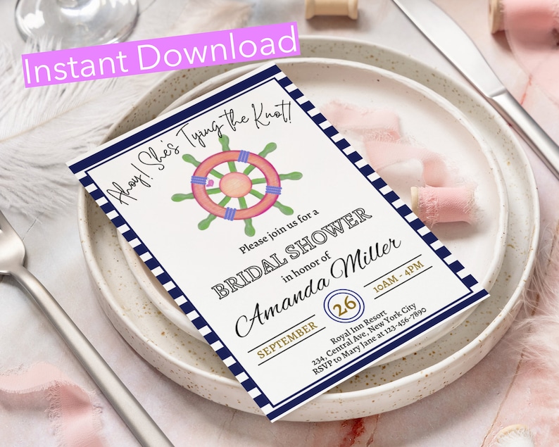 Editable Blue Nautical Bridal Shower Invitation Nautical Etsy