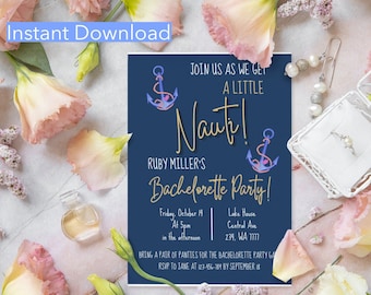 Nautical Bachelorette Party Invite, Let's get Nauti Girls Coastal Boat Party, Digital DIY Canva Editable INSTANT DOWNLOAD Editable Template