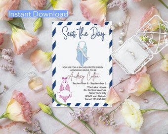 Editable Blue Nautical Seas the Day Bachelorette Party Invitación náutica Bach Party invitación náutica digital IMPRIMIBLE Canva Plantilla
