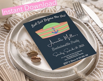 Nautical Bachelorette Party Invite, Last Sail Before the Veil Coastal Beach Boat Party, Bridal Invite INSTANT DOWNLOAD Editable Template