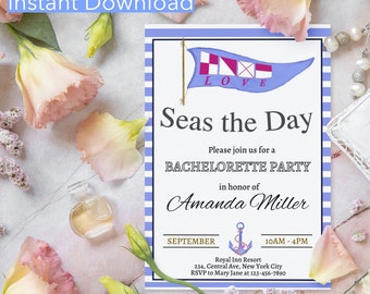Seas the day Editable purple Nautical Bachelorette Invitation Boat Bachelorette Party nautical flag digital Editable Canva DIY Template