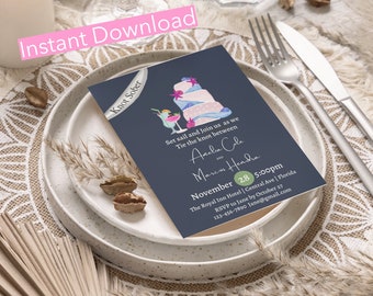 Knot Sober Navy and White Nautical Wedding Invitation Cake and Drinks Wedding Invite; DIY Editable Wedding Invite, Printable Template
