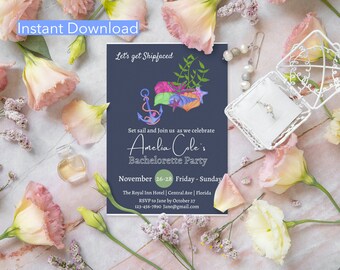 Nautical Bachelorette Party Invite, Lets get Shipfaced, Coastal Beach Boat Party, Bridal Invite INSTANT DOWNLOAD Editable Canva Template