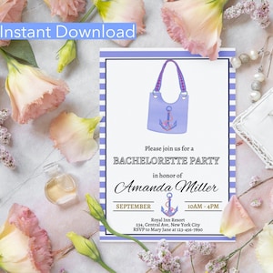 May include: A blue and white striped invitation for a bachelorette party. The invitation features a blue tote bag with a pink and white polka dot strap and an anchor design. The text on the invitation reads "Please join us for a Bachelorette Party in honor of Amanda Miller, September, 10AM-4PM, Royal Inn Resort, 234, Central Ave, New York City, RSVP to Mary Jane at 123-456-7890."