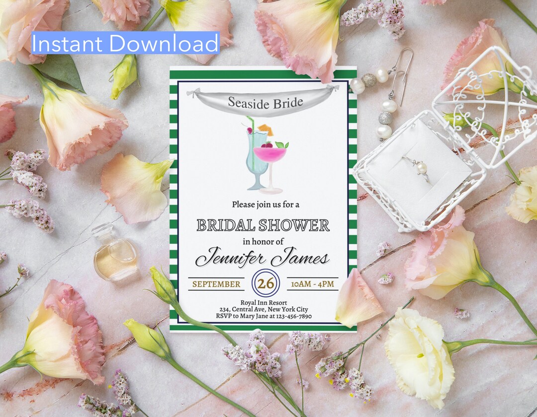 Editable Green Nautical Bridal Shower Invitation Nautical Bridal Invite Nautical Drinks Nautical ...