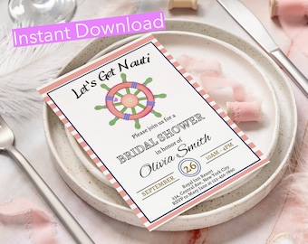 Editable Pink Nautical Bridal Shower Invitation nautical bridal invite Lets Get Nauti Bridal invitation digital PRINTABLE Canva Template