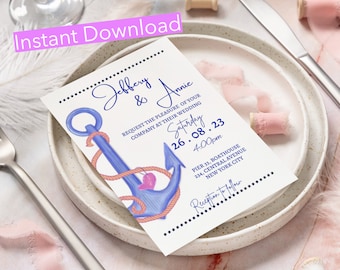 Nautical Wedding Invitation, Anchor Wedding Invitation, Wedding Invitation instant Download, Nautical Invitation Template, Editable on canva