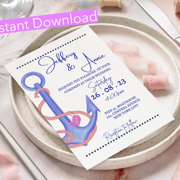 Nautical Wedding Invitation, Anchor Wedding Invitation, Wedding Invitation instant Download, Nautical Invitation Template, Editable on canva