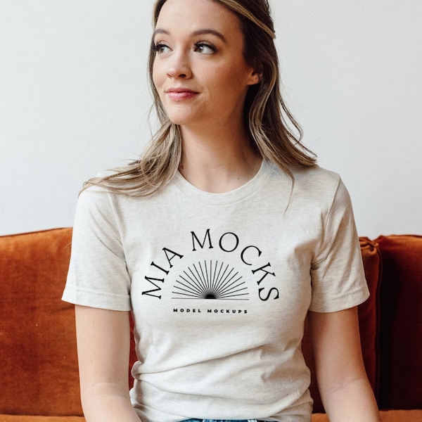 Spring Mockup | Bella Canvas 3001 Mockup | Bella Canvas Heather Cement Shirt Mockup | Model Mockup | Mia Mockups